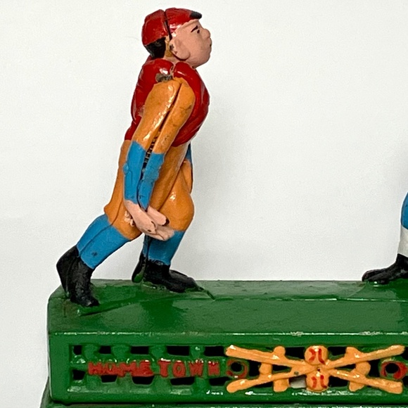 Vintage Cast Iron Hometown Battery Baseball Mechanical Coin  Bank Toy - Picture 5 of 11